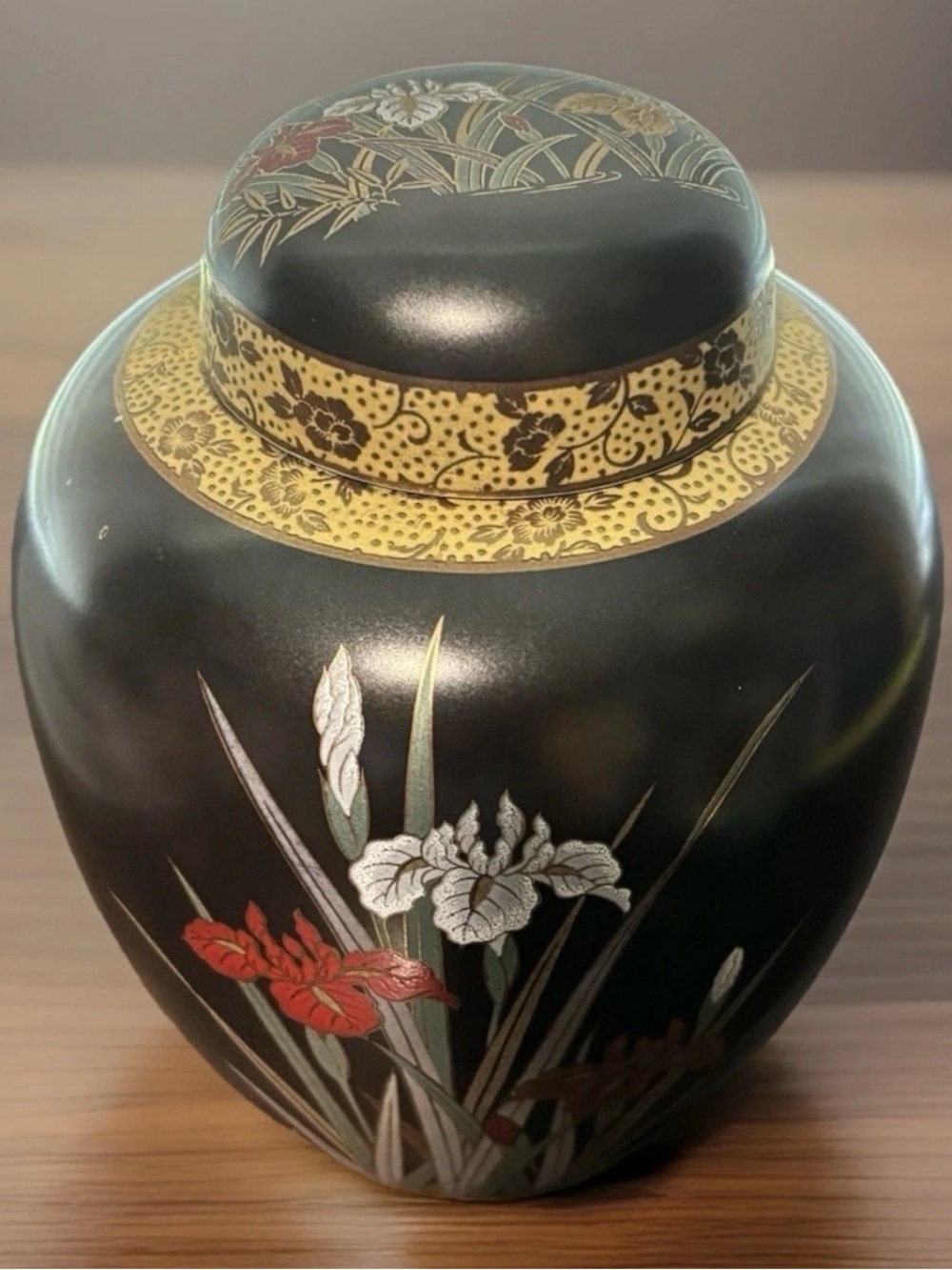 Black Floral Decorative Ginger Jar with Gold Trim